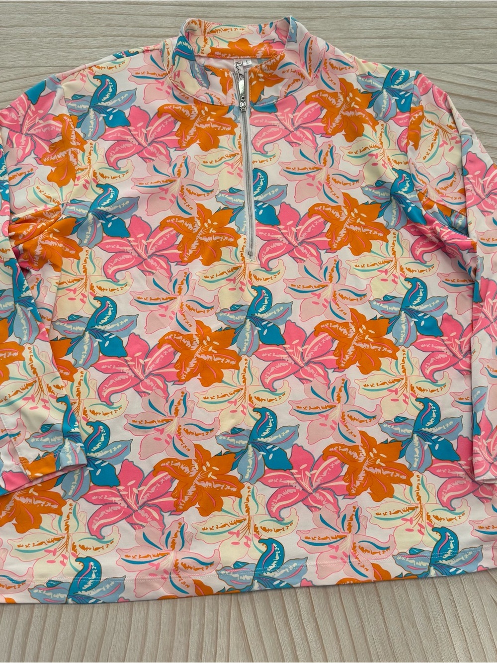 Lulu-B Floral Half-Zip Pullover in Pink, Orange & Teal Large SPF
